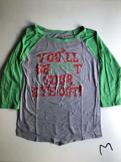 Women’s Medium Christmas Story You”ll Shoot Your Eye Out Green/Grey Baseball Tee