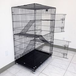 (New) $75 Folding 3-Tier Cat Cage 56” Tall Metal Kennel 36x24x56 inches, Tray & Caster 