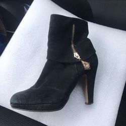 Women Black Suede Gold Rhinestone Dangling Jewelry Charm Ankle Boots