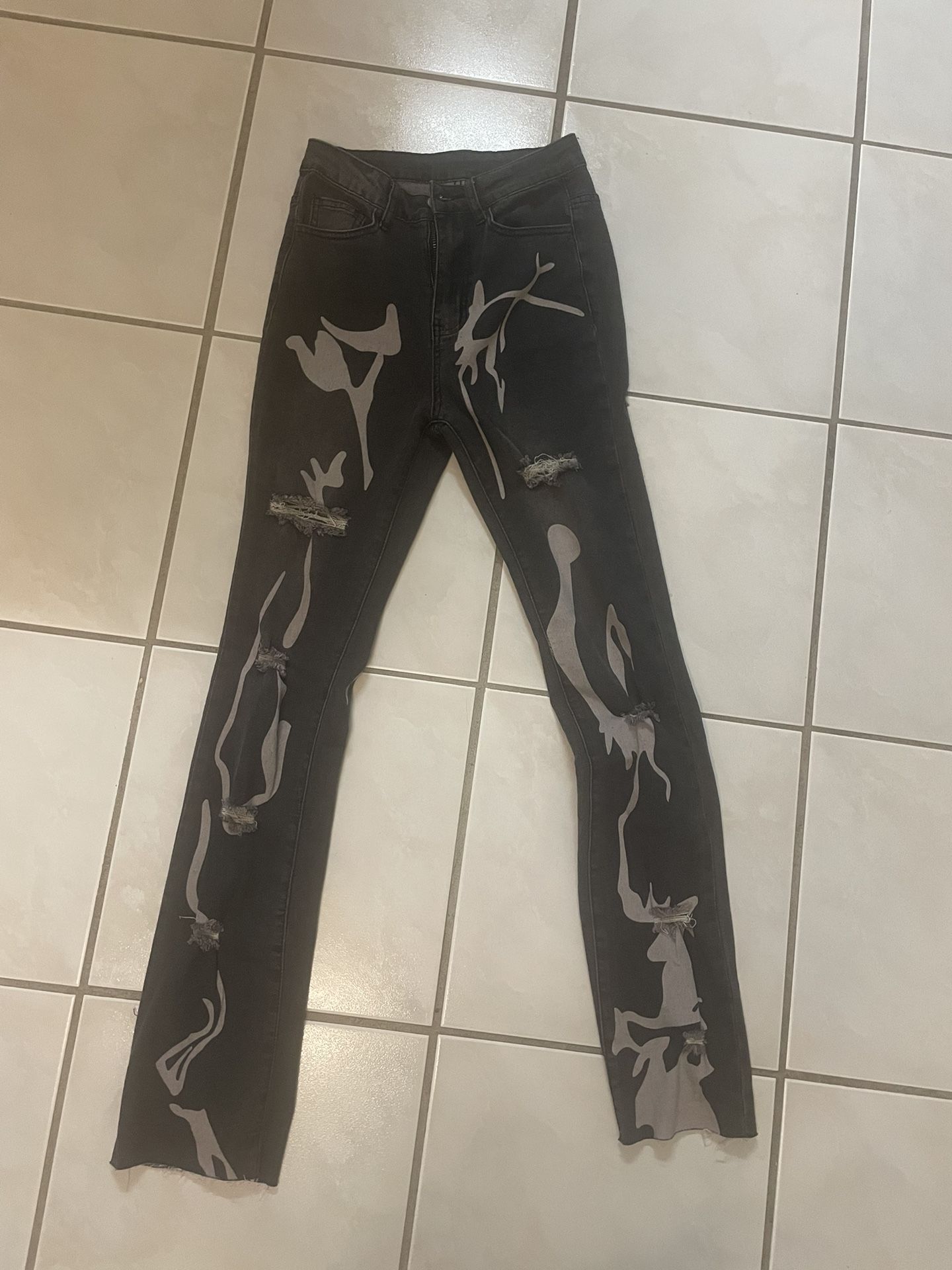 Y2K Graphic Opium High Waisted Ripped Flare Cut Jeans