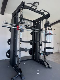 Smith Machine, Pulley System, Power Rack, Rubber Weights, Dumbbells