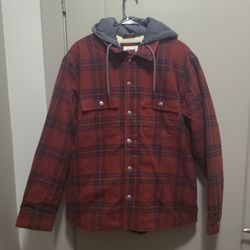 Men's Levi's Plaid Fleece Hooded Shirt Jacket Red/black Size Small