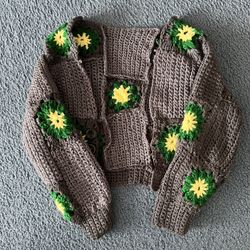 Grey Handmade Chunky Granny Square Cropped Cardigan Sweater Floral Stars Crochet