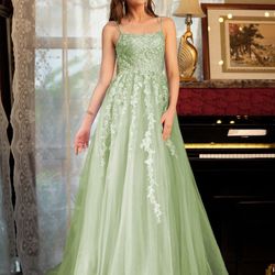 Lavetir Long Prom Dresses Evening Dresses Wisteria A-Line Tulle Spaghetti