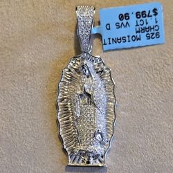 Virgin Mary Pendant/ Virgen De Guadalupe - Silver With Moissanite 