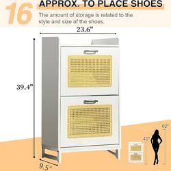 white Shoe Cabinet w 2 Flip Drawers, Farmhouse Rattan Shoe Cabinet Freestanding Shoe Rack Cabinet