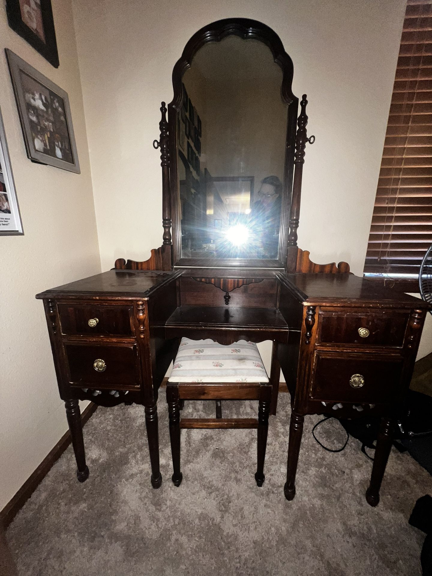 Antique Turn-of-the-Century Solid Wood Vanity with Bench & Swivel Mirror - $300