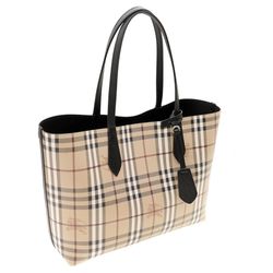 Authentic Burberry Medium Tote Heymarket Reversible House Check Black Leather