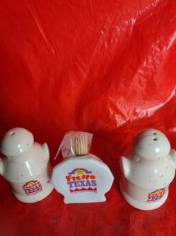 NEW!!! FIESTA TEXAS SALT AND PEPPER SHAKERS WITH MATCHING TOOTHPICK HOLDER.