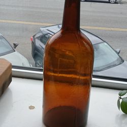 Old Brown Hand Blown Bottle  2 Piece W/ Applied Top