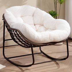 Outdoor Patio Rocking Chairs, Oversized Papasan Rock Chair Indoor with Teddy Padded Cushion - Rocker Egg for Front Porch, Garden, Backyard White