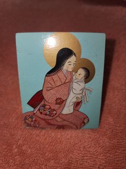 Vintage Framed bronze frame gretting card wooden mom and baby