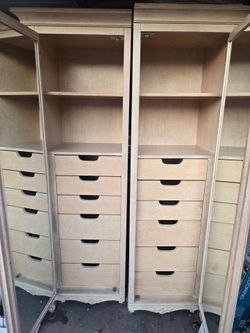 Pair of Tall Wood Wardrobe Units with Drawers