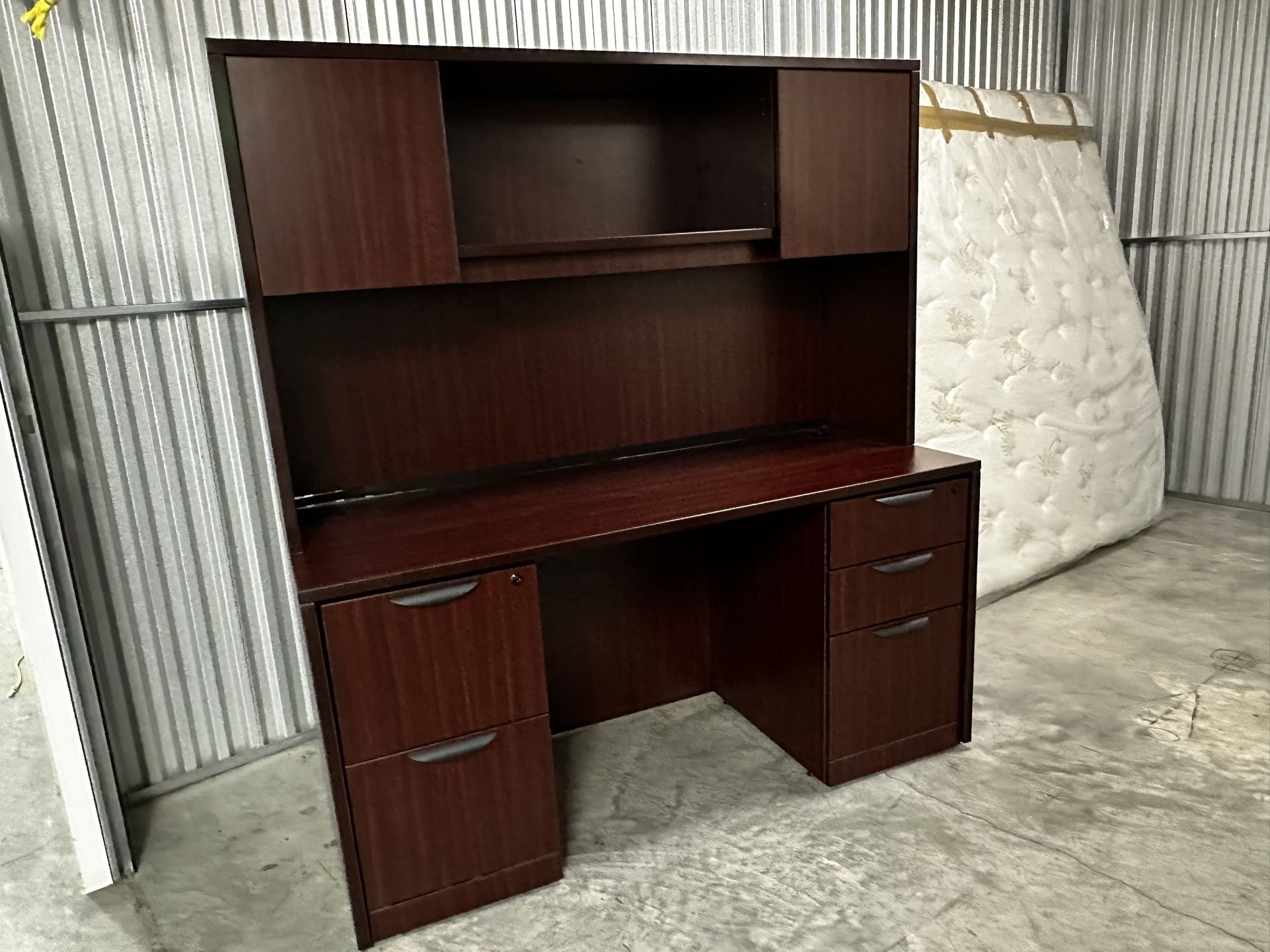Mahogany Desk with Hutch and Cabinets