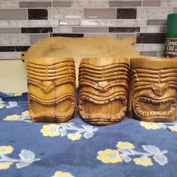 Vintage Tiki God Wood Mugs 