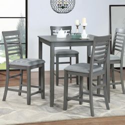 5-Piece Square Gray Wood Top Height Table Set (Seats 4)