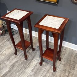 Two Wood and marble side tables