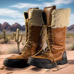 Polo Ralph Lauren Women’s Leather Boots Sherling Sz 6 Tan Black Tall Logo EUC