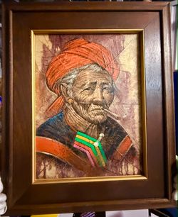 Art - Leaf painting in a frame – Portrait with an orange turban – Dark brown frame