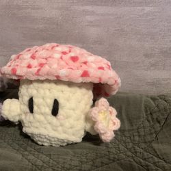PINK crochet Mushroom Plush Holding Flower