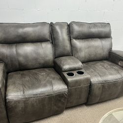 100% Leather Power Recliner Power Headrest Loveseat 