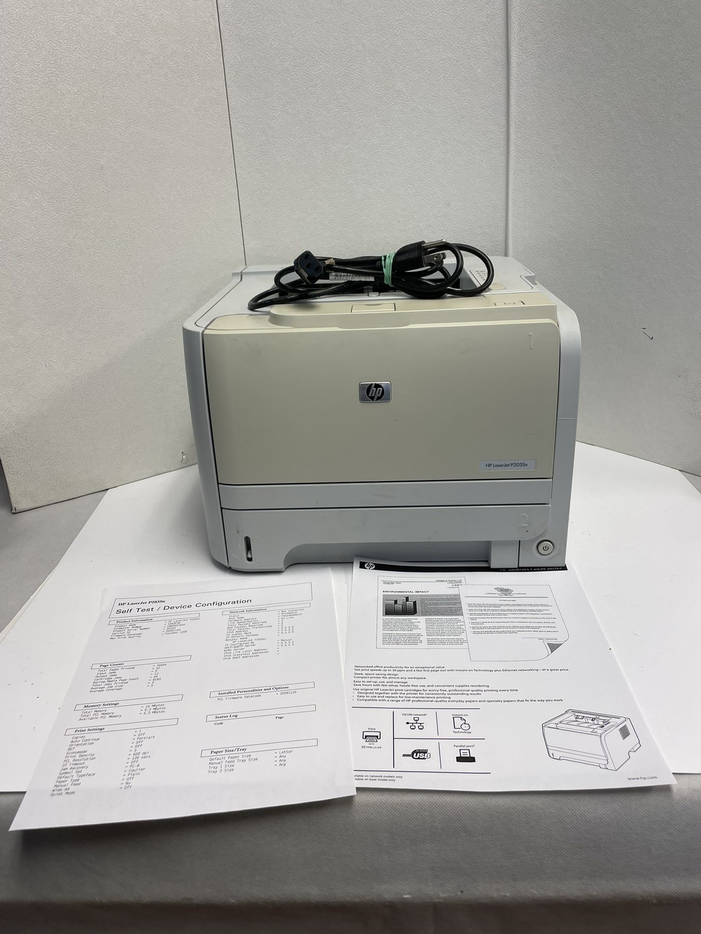 HP LaserJet P2035N Workgroup Monochrome Laser Printer w/TONER & 36k Pgs --TESTED