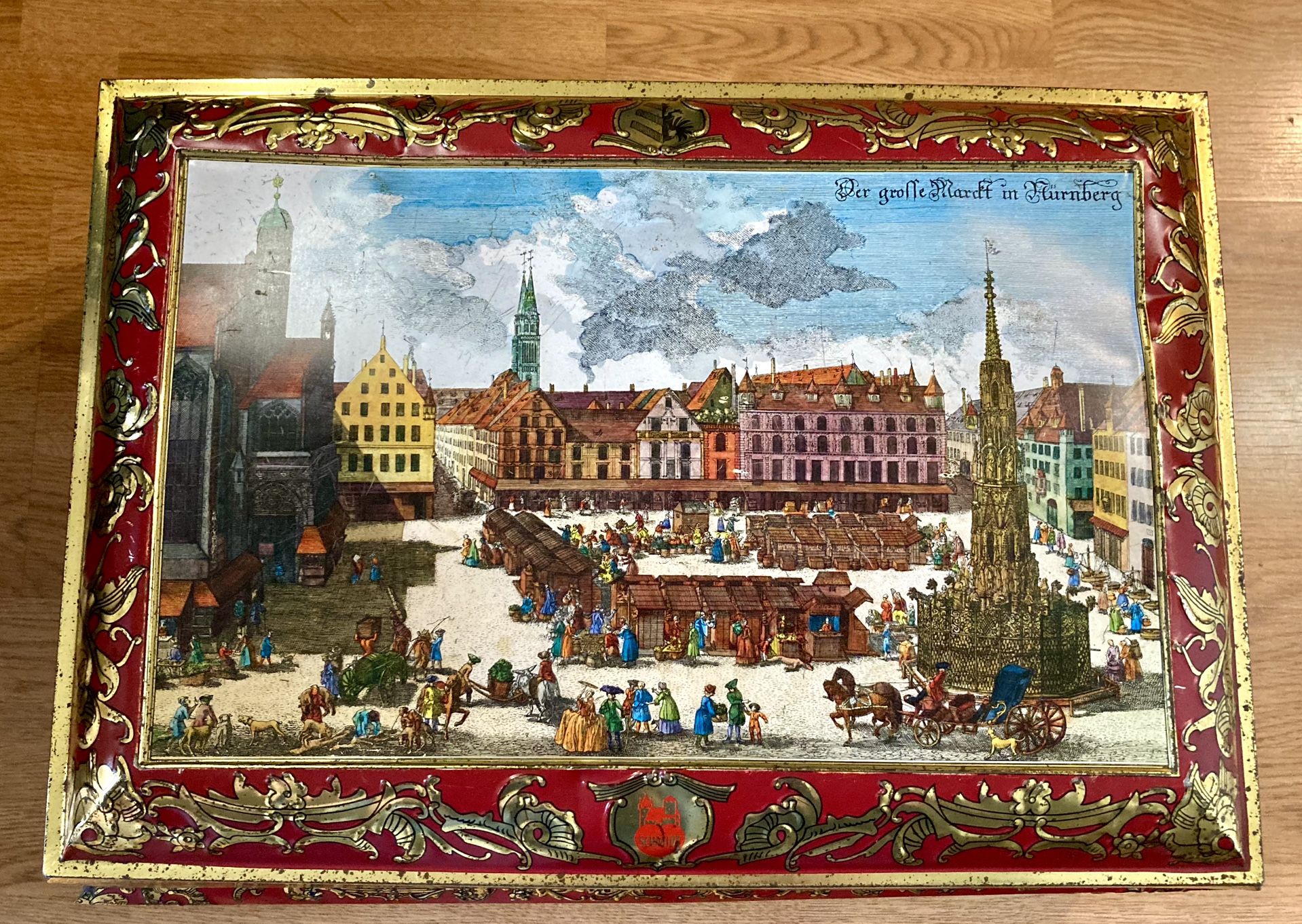 1984 Vintage German Embossed Tin Box with color lithographs on all sides, 16"