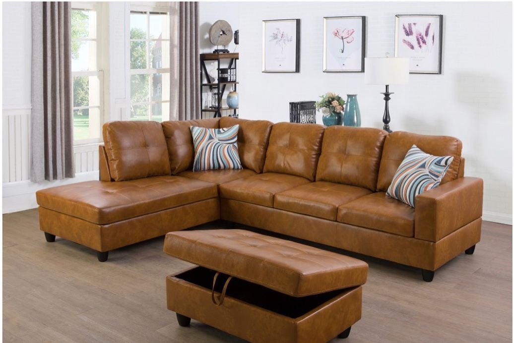 Caramel Brown Leather Sectional Couch With Storage Ottoman And Pillows