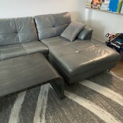 Great Condition Gray Leather Sofa (and custom steel Coffee Table)
