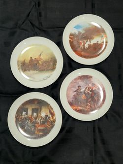 Vintage porcelain collector plates from The Great American Revolution 1776 commemorative collection, released around the 1976 Bicentennial.