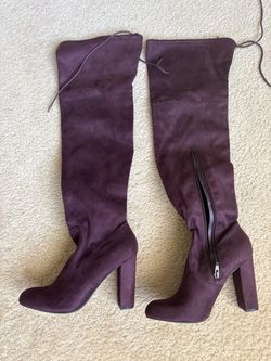 Purple knee high suede boots