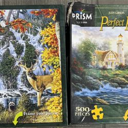 Lot of 2 Prism 500 piece puzzles “Watchful Eyes” and “Peaceful Place”