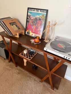 Mid-Century Modern 3-Tier Console Table – Dark Wood