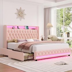 Full Upholstered LED Bed with 4 Drawers, Charging Station, Velvet Headboard