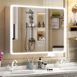 Large Medicine Cabinet, Bathroom Cabinets with 3 Doors, LED Lights, Defogger, Mirror Cabinets with 8 Shelves Storage Organizer Kitchen Cupboard White,