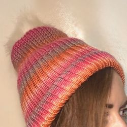 New knit pink striped foldover beanie hat with removable white pom