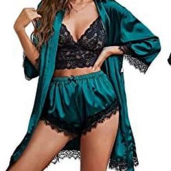 Lingerie Floral Lace Trim Cami with Robe, Pajama Sets