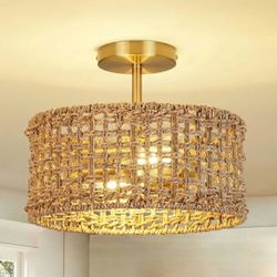 Woven Rattan Semi-Flush Ceiling Light