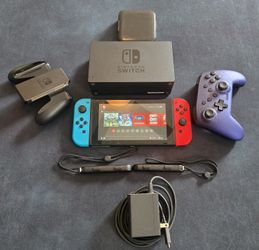 Nintendo Switch Console w/Neon Red & Blue Joy-Cons + Dock & Extras