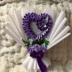purple flower bouquet with heart