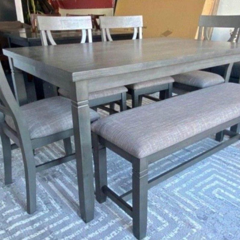🌟( 6 pc bridget ii grey finish wood dining table set padded seat chairs and bench )