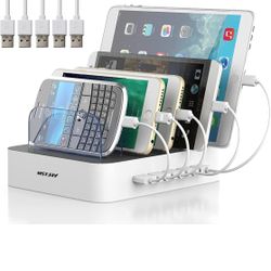 Charging Station for Multiple Devices, MSTJRY 5 Port Multi USB Charger Station with Power Switch Designed for iPhone iPad Cell Phone Tablets (White, 6