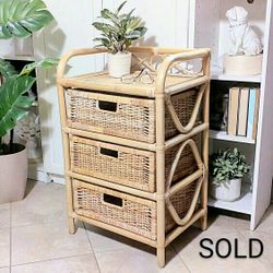 Rattan Cabinet with 3 Storage Drawers 30"H x18"W x14"D , CASH ONLY, PICKUP ONLY -  office furniture, end table, dresser, wicker, boho