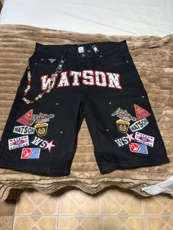 Watson Multi Patch Black Denim Carpenter Shorts Jorts Rhinestone Size 36