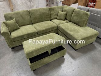 NEW Avocado Sage Green Sectional Sofa and Ottoman Set FREE STORAGE OTTOMAN Ashley Style Couch Big Clearance SALE Discount Furniture Warehouse Closeout