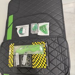 Green And Black Car Mat Rug Carpet - Brake Pad, Center Wheel Hub Cap Covers