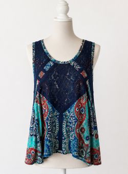 New-Navy Teal Red Lace-Panel Sleeveless Tank Top Blouse Sz 14-16W (1X)
