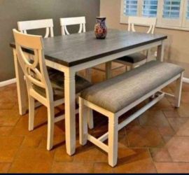 ✅️✅️(6 pc white & grey finish wood dining table set grey padded seat chairs and bench✅️✅️