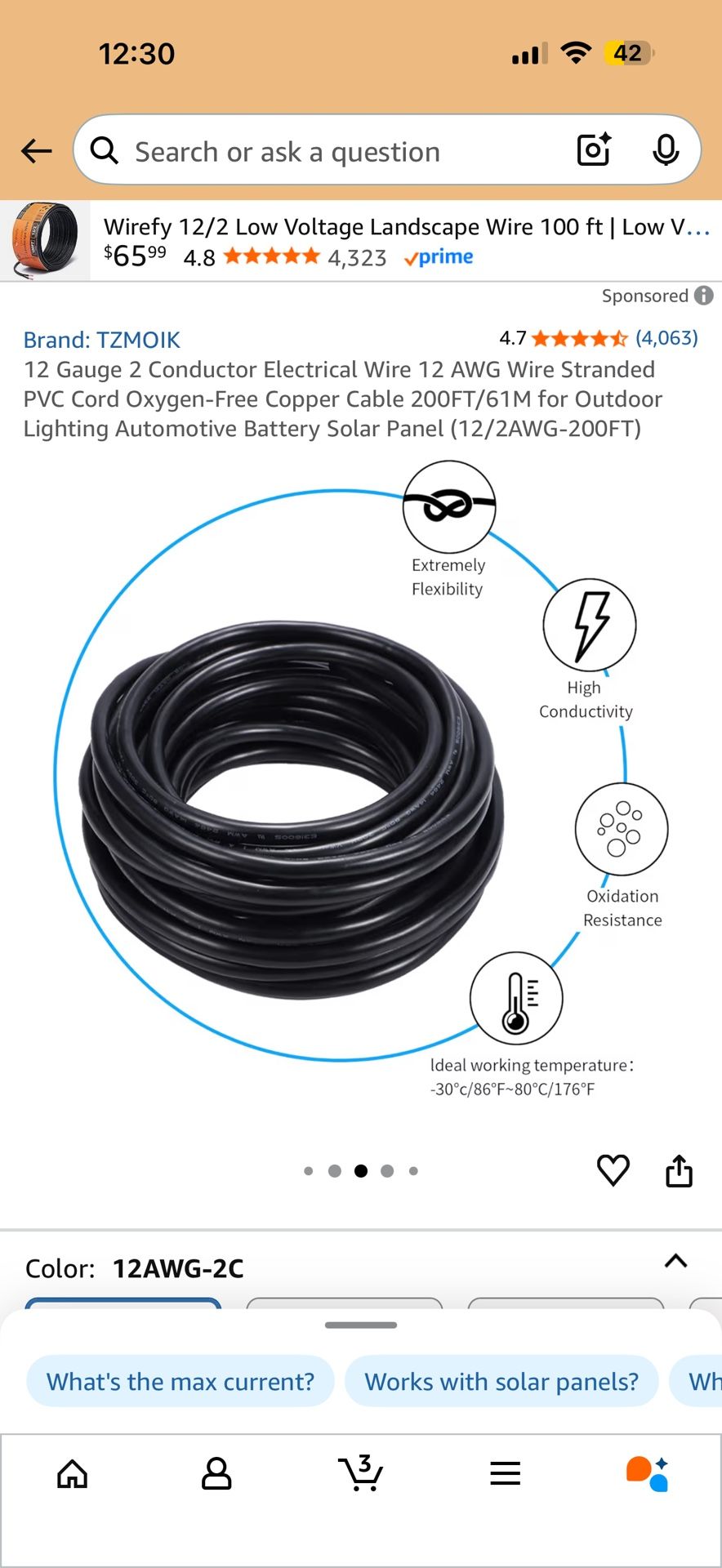 12 Gauge 2 Conductor Electrical Wire 12 AWG Wire Stranded PVC Cord Oxygen Free Copper Cable 200FT/61M for Outdoor Lighting Automotive Battery Solar Pa