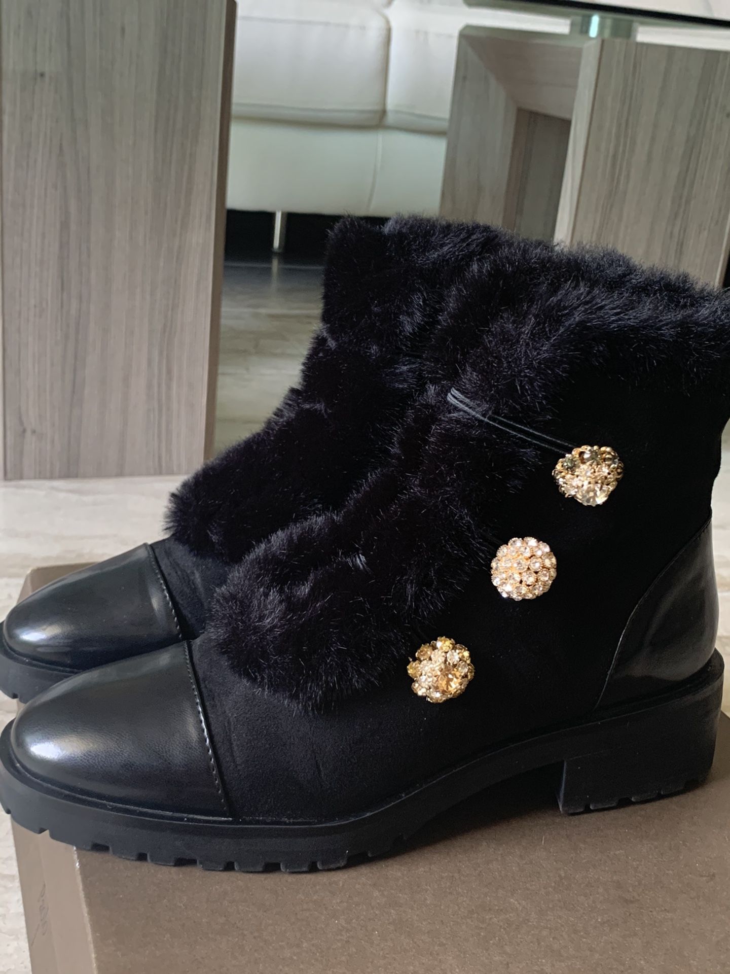 Faux fur winter shoes boots with adorable crystal buttons.